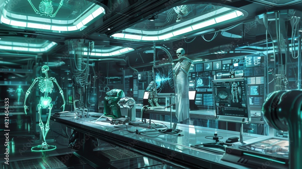 Futuristic laboratory with a hologram of a human skeleton for science fiction themed designs