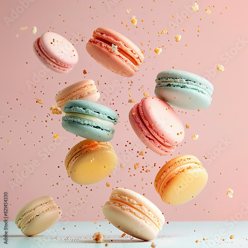 Colorful tasty macarons and sprinkles falling down onto a white table.