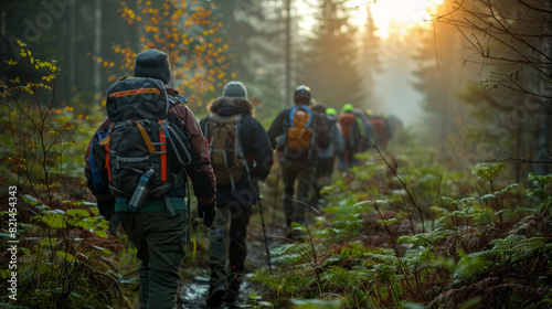 A group of hikers with backpacks trek through a sunlit forest, surrounded by lush greenery and early morning light.