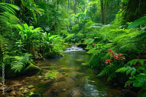 Lush Tropical Rainforest with Stream and Vegetation