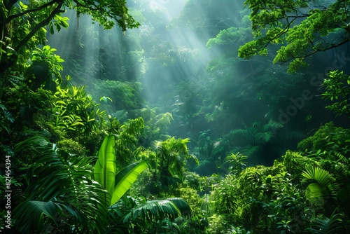 Lush Tropical Rainforest With Sunlight Beams