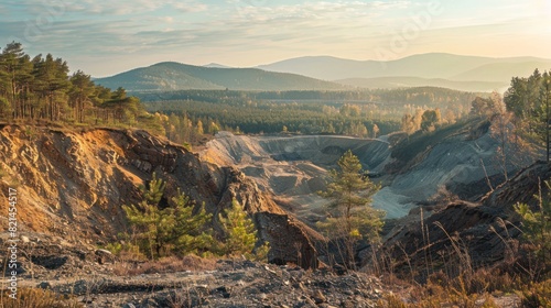 Natural landscape near a mining enterprise with traces of anthropogenic impact on the environment of the mining industry photo