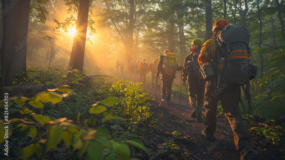 A group of adventurers hikes through a forest at sunrise, with backpacks and gear, illuminated by golden morning light.