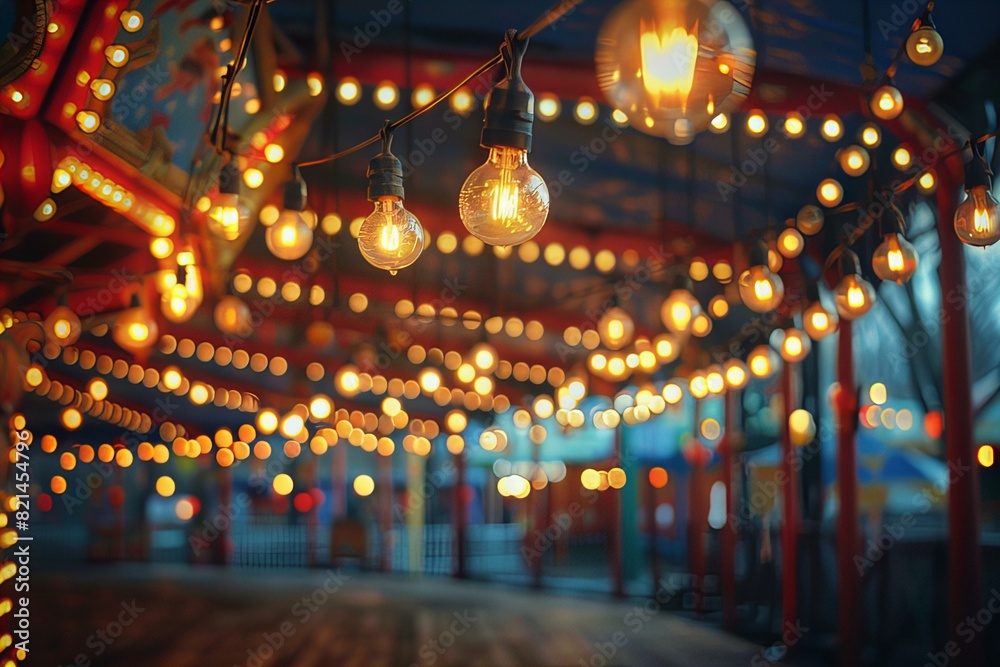 Fototapeta premium Festive string lights illuminating a vintage carousel