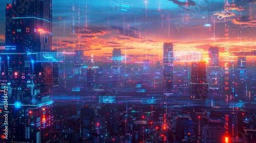 Futuristic neon city skyline for tech or game design