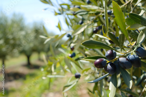 A picturesque olive grove with delicious olives, perfect for showcasing Mediterranean cuisine or promoting healthy and organic agricultural products.