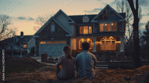 A couple sits in front of their suburban home at sunset, enjoying the tranquil, glowing ambiance of their neighborhood.