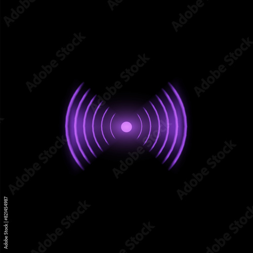 Purple wi-fi technology digital radar neon light vector symbol, glow wireless radial waves signal icon, sound effect