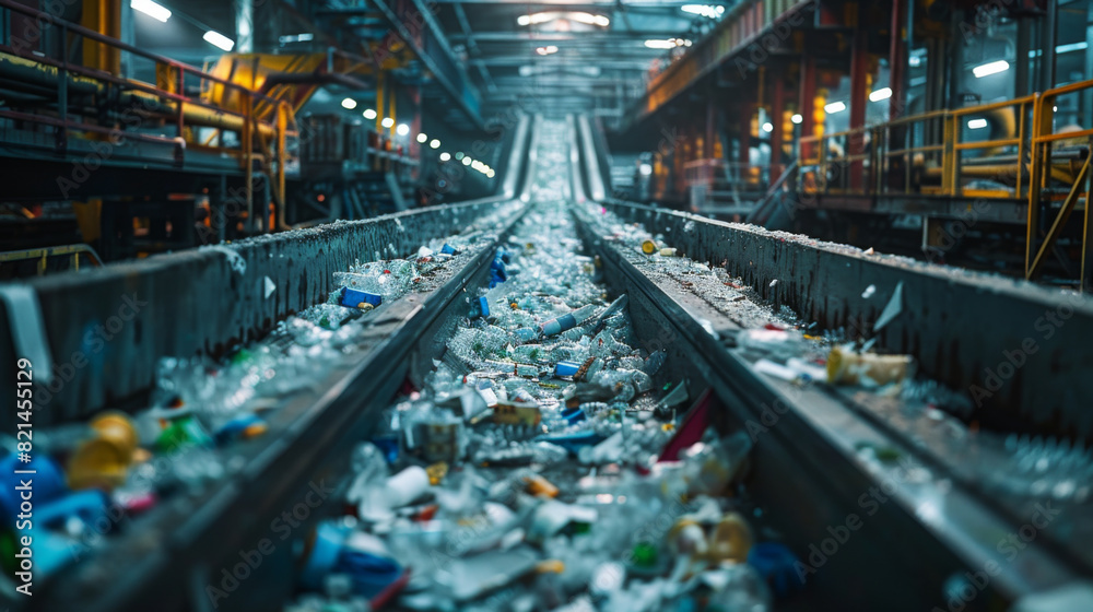 Obraz premium Conveyor belt in a recycling plant loaded with plastic waste, highlighting the process of sorting and recycling materials.