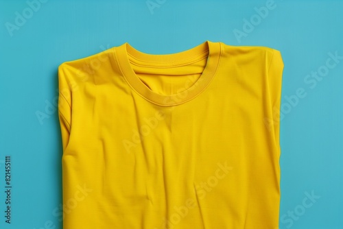 Lemon yellow t-shirt mockup on a sky blue background, folded with precision, isolated in HD