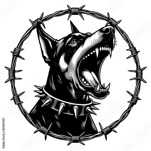 Hand drawn illustration of fierce doberman dog, vector sketch isolated on transparent background.	