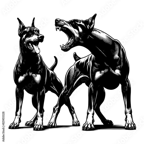 Hand drawn illustration of fierce doberman dog, vector sketch isolated on transparent background.