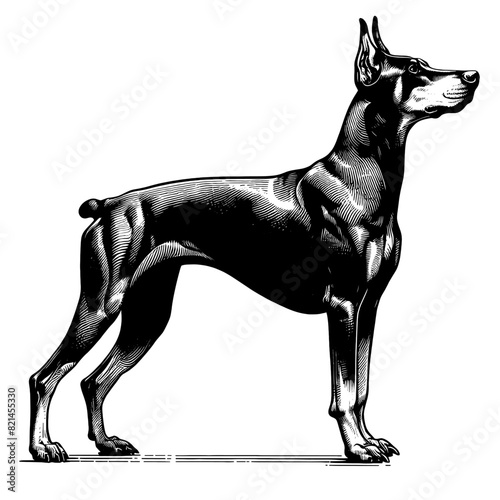 Hand drawn illustration of fierce doberman dog, vector sketch isolated on transparent background.
