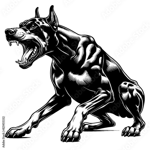 Hand drawn illustration of fierce doberman dog, vector sketch isolated on transparent background.