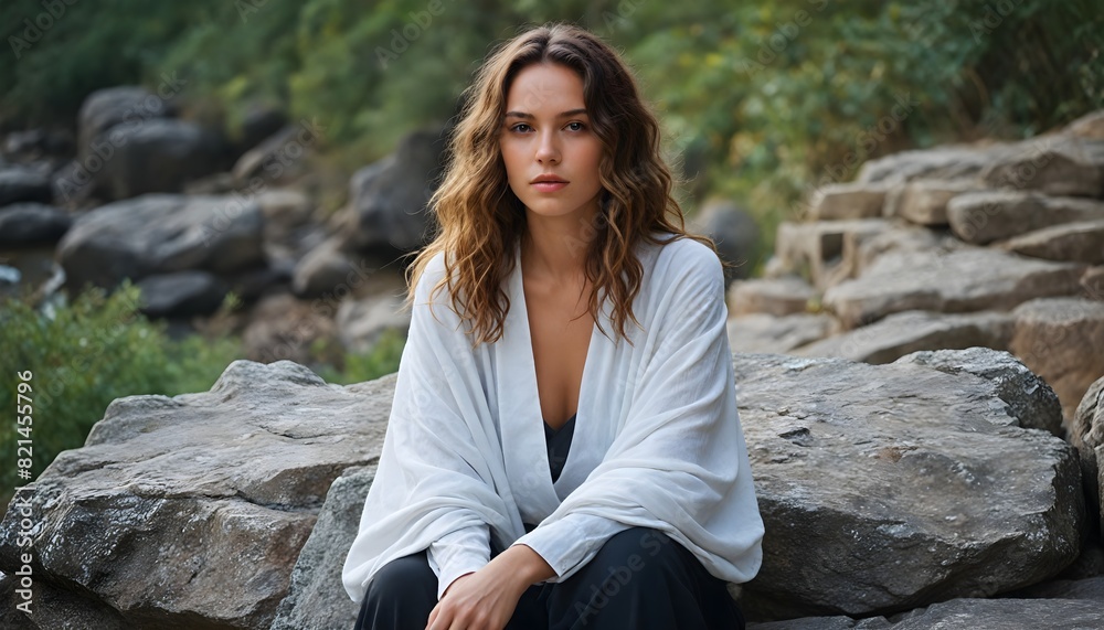portrait of a young woman with brunette wavy shoulder-length hair, sitting on a stone ledge portrait of a young woman with brunette wavy shoulder-length hair, sitting on a stone ledge