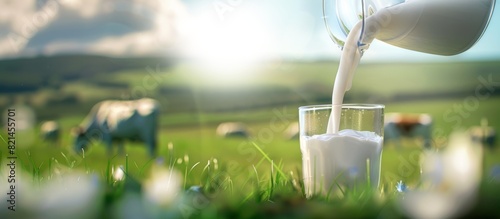 jug filling a glass of milk with field in the background