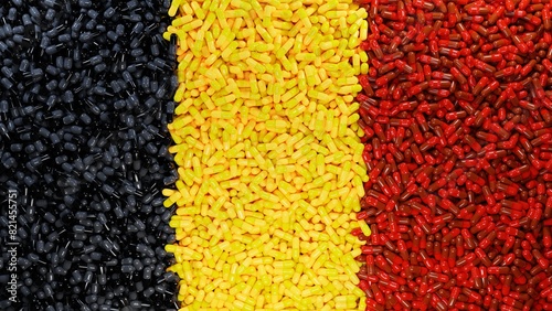 Capsule pills fall on a flag of Belgium. The Belgian Pharmaceutical Industry - Medicine healthcare medicaments. 3d render