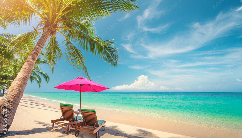 photo beautiful tropical beach and sea with chair umbrella, coconut palms travel tourism