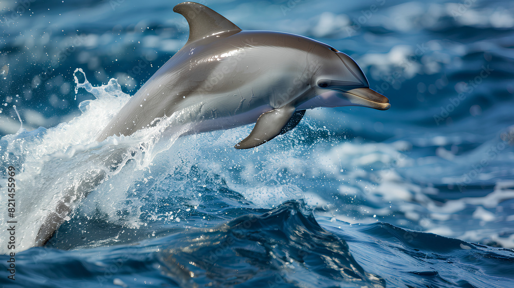 Fototapeta premium Dolphin jumping out of the ocean waves, gorgeous and sleek dolphin flipping out of the ocean water to grab some air.