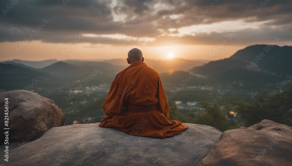 rear view of a monk sitting on a rocky mountaintop watching the sunset
rear view of a monk sitting on a rocky mountaintop watching the sunset