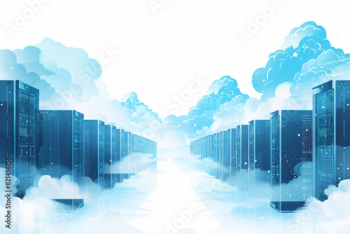 Illustrative image of computer servers on clouds representing cloud computing.Cloud Network Solution digital background. Cyber Security and Cloud Technology Concept. 