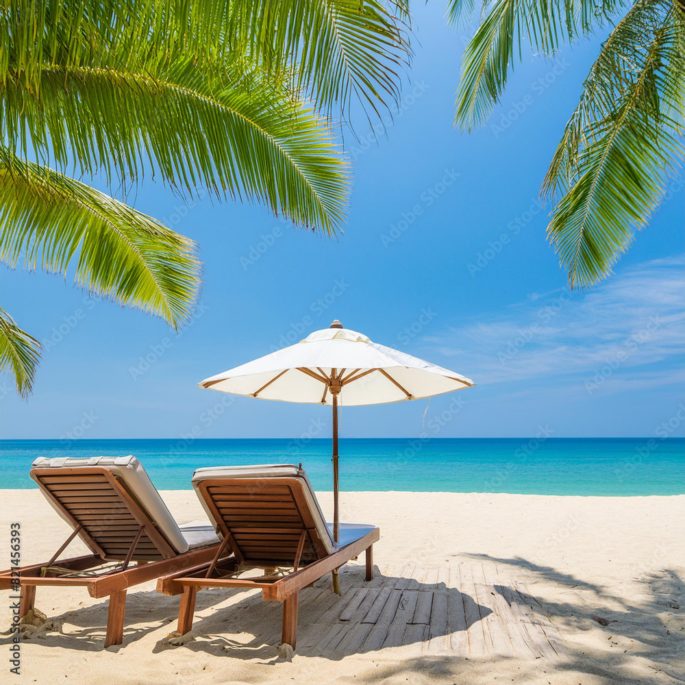 photo beautiful tropical beach and sea with chair umbrella, coconut palms travel tourism