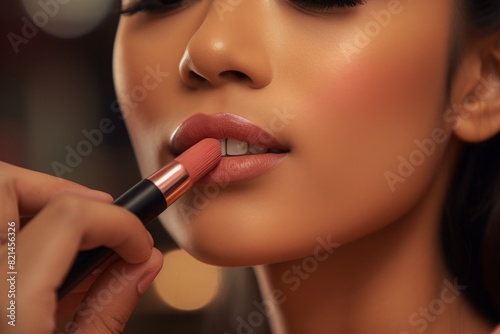 a realistic photo of an asian woman getting her lip makeup done © Iryna