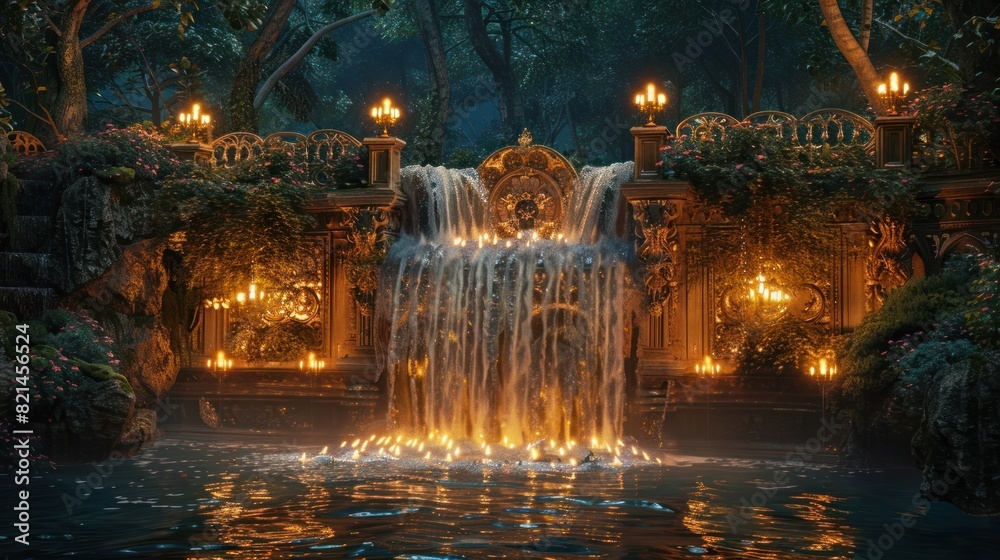 Baroque Splendor A D Rendered Waterfall Illuminated by Forest Candlelight
