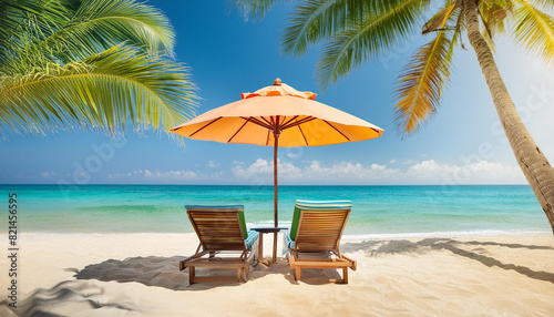 photo beautiful tropical beach and sea with chair umbrella, coconut palms travel tourism © Artbi
