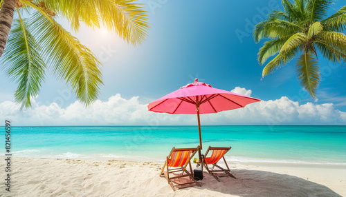 photo beautiful tropical beach and sea with chair umbrella, coconut palms travel tourism