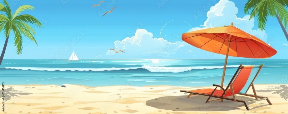 A beach scene with a umbrella and two beach chairs. Sunny beach