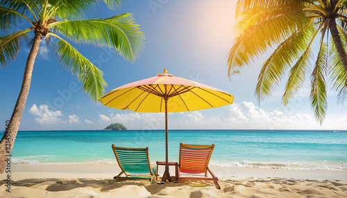 photo beautiful tropical beach and sea with chair umbrella  coconut palms travel tourism