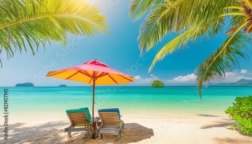 photo beautiful tropical beach and sea with chair umbrella  coconut palms travel tourism