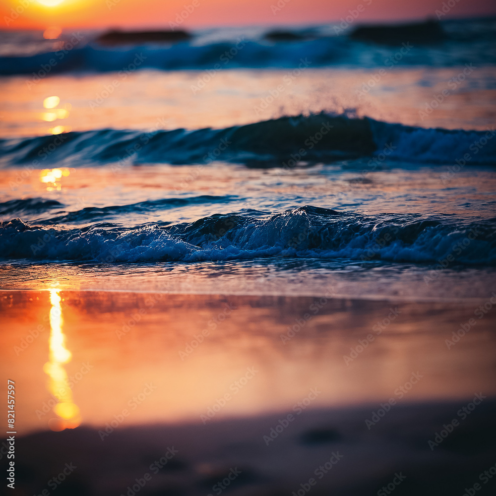 Obraz premium The sunset is reflected on the sea waves and the beach. Generative AI