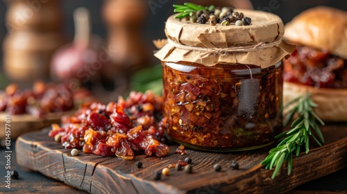 gourmet bacon spread, homemade bacon jam in a rustic-labeled jar ideal for breakfast or as a scrumptious sandwich and burger condiment photo