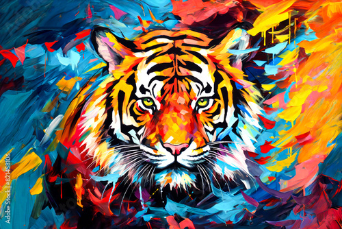 Tiger s Colorful Fury  A vibrant abstract portrait of a tiger with piercing green eyes  surrounded by a splash of colors.