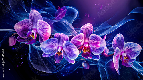 Neon Orchid Dreamscape  Six vibrant orchids with neon hues bloom amidst swirling smoke on a dark background.