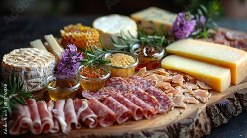 gourmet charcuterie board, a stylish charcuterie board combines handcrafted cheeses, fresh honeycomb, and edible flowers on a dark wooden backdrop photo