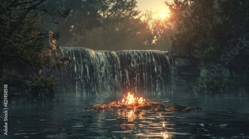 Tranquil Wilderness Survival A D Rendered Campfire Scene at a Soothing Waterfall photo
