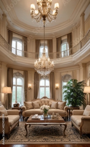 Elegant professional photograph of a white and gold luxury living room interior with a grand chandelier and lush greenery