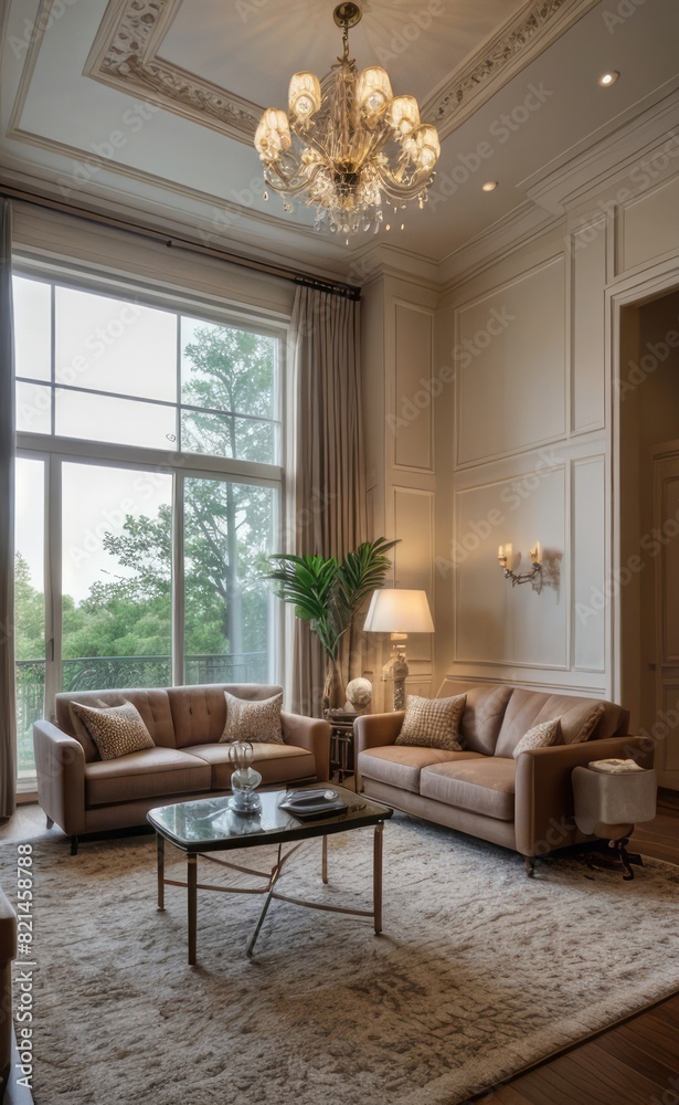 Elegant professional photograph of a white and gold luxury living room interior with a grand chandelier and lush greenery Elegant professional photograph of a white and gold luxury living room interior with a grand chandelier and lush greenery
