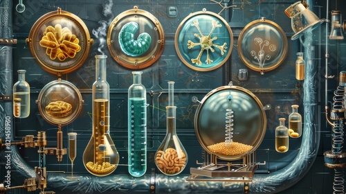 Isometric 3d science laboratory illustration with beakers, flasks and pills