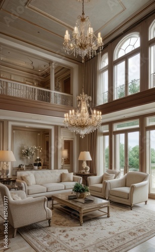 Elegant professional photograph of a white and gold luxury living room interior with a grand chandelier and lush greenery