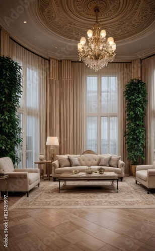 Elegant professional photograph of a white and gold luxury living room interior with a grand chandelier and lush greenery