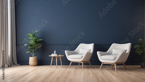 minimalist interior of living room, Off-White armchair on Navy color wall background © Dhiandra