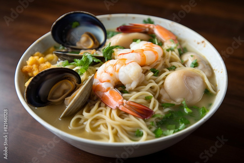 A bowl of seafood noodles generative AI