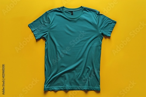 Teal t-shirt mockup on a mustard yellow background, neatly displayed flat, isolated in HD