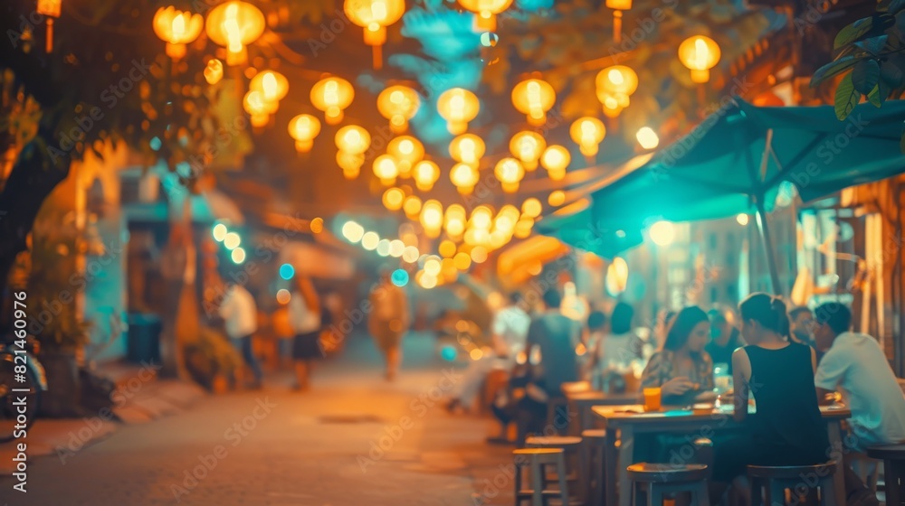 A busy street with people sitting at tables and eating A busy street with people sitting at tables and eating