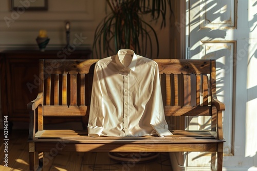 Beige shirt mockup on a stylish wooden bench in a sunlit room