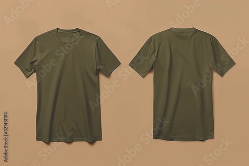 Blank olive green t-shirt mockup side view isolated on light brown background, hyper-realistic capture featuring front, back, and side views